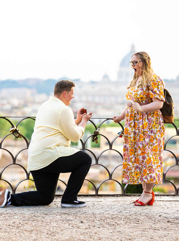 Surprise Proposal Photo Session in Rome on the Terrazza Belvedere at sunset
